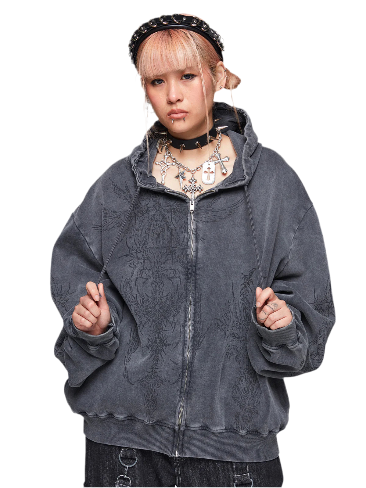 Hoodie Minga London Enigmatic Oversized Zip Grey Wash